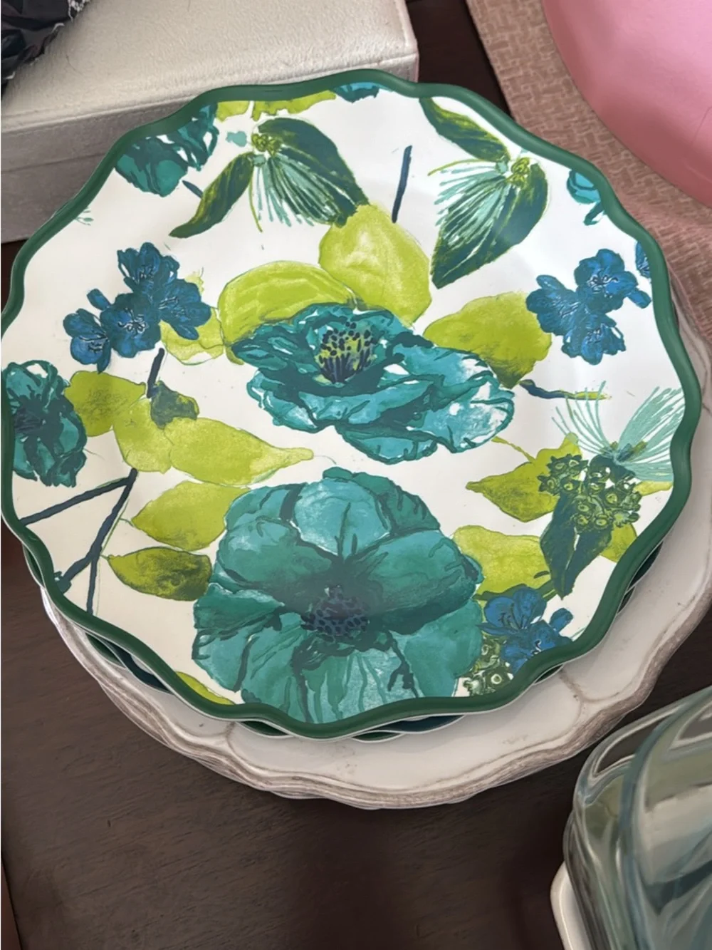 Mixed melamine opal house Plates in Green, Pink, Blue, and White & 2 ceramic